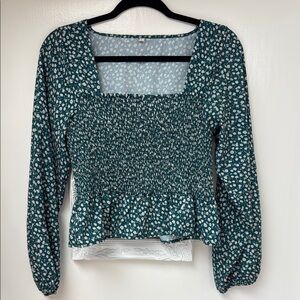 Green and White Puff Sleeve Smocked Peplum Blouse